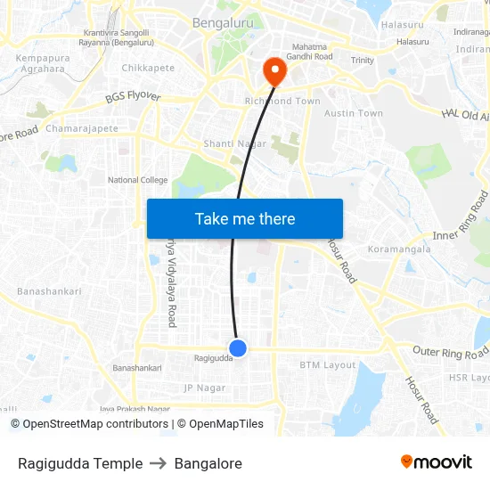 Ragigudda Temple to Bangalore map