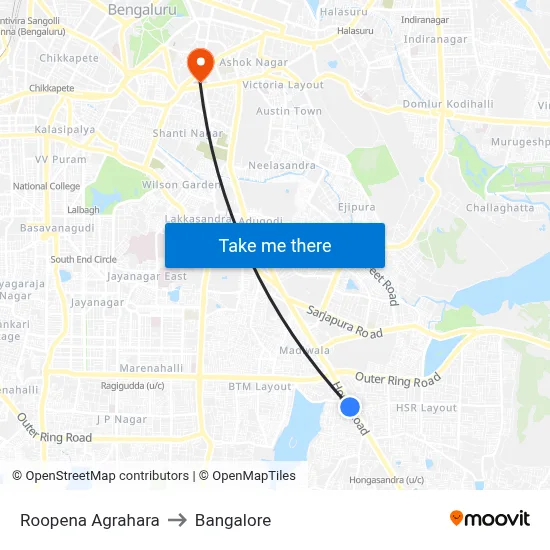 Roopena Agrahara to Bangalore map