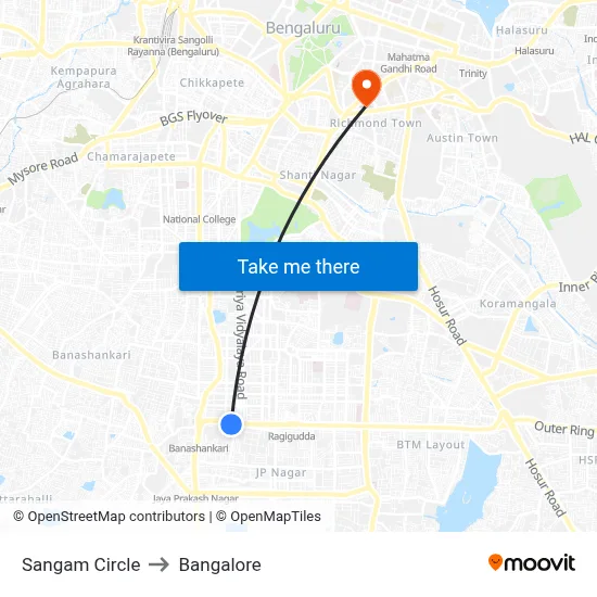Sangam Circle to Bangalore map