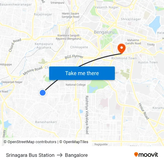 Srinagara Bus Station to Bangalore map