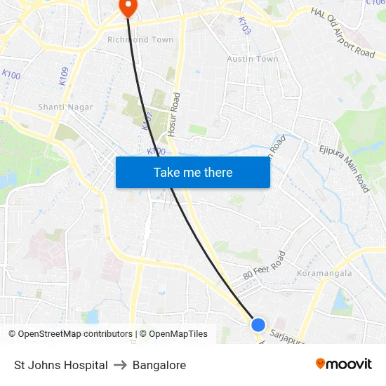 St Johns Hospital to Bangalore map