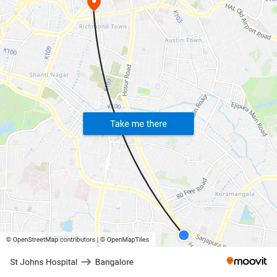 St Johns Hospital to Bangalore map