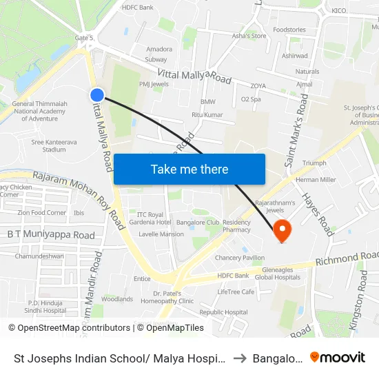 St Josephs Indian School/ Malya Hospital to Bangalore map
