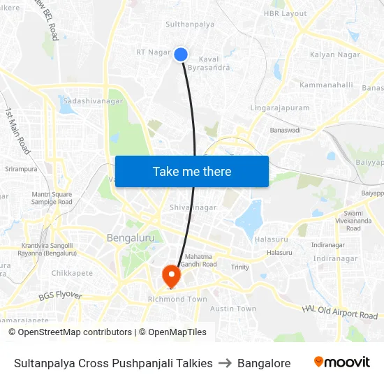 Sultanpalya Cross Pushpanjali Talkies to Bangalore map