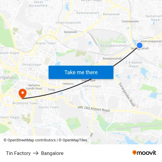 Tin Factory to Bangalore map