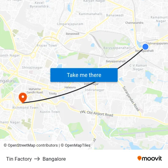 Tin Factory to Bangalore map