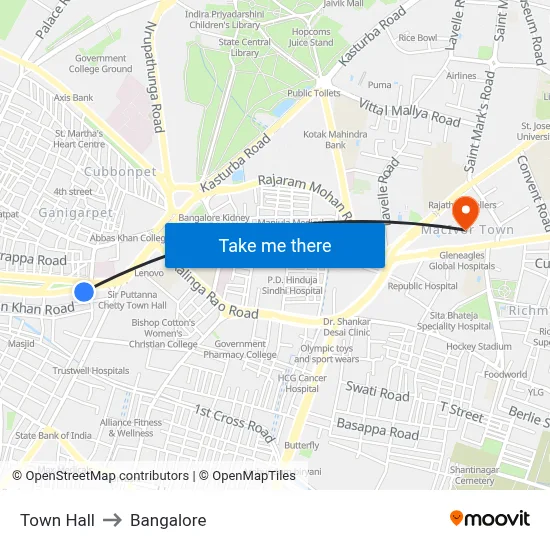 Town Hall to Bangalore map