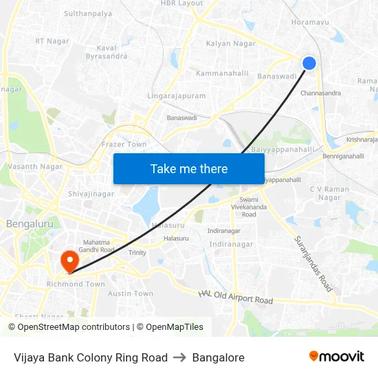 Vijaya Bank Colony Ring Road to Bangalore map