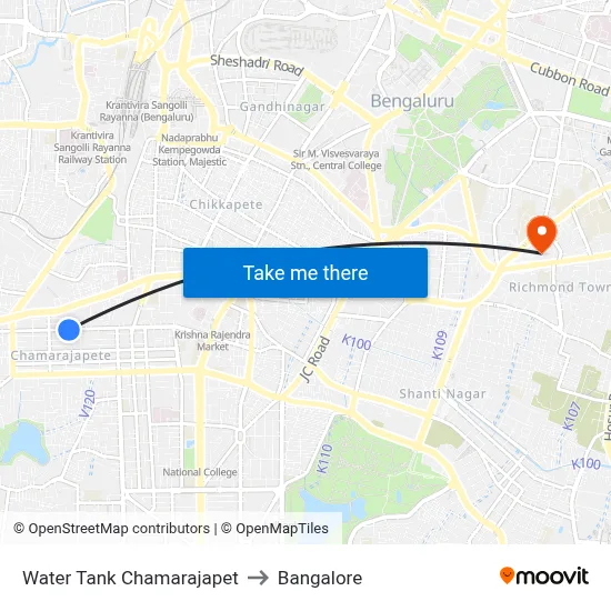 Water Tank Chamarajapet to Bangalore map