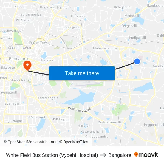 White Field Bus Station (Vydehi Hospital) to Bangalore map