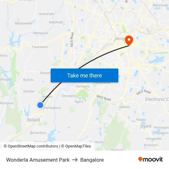 Wonderla Amusement Park to Bangalore map