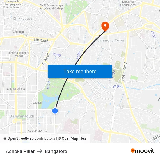 Ashoka Pillar to Bangalore map