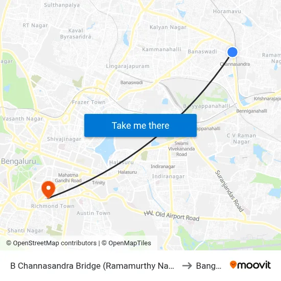 B Channasandra Bridge (Ramamurthy Nagara Ring Road) to Bangalore map