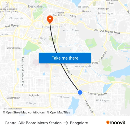 Central Silk Board Metro Station to Bangalore map