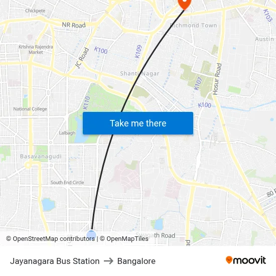 Jayanagara Bus Station to Bangalore map