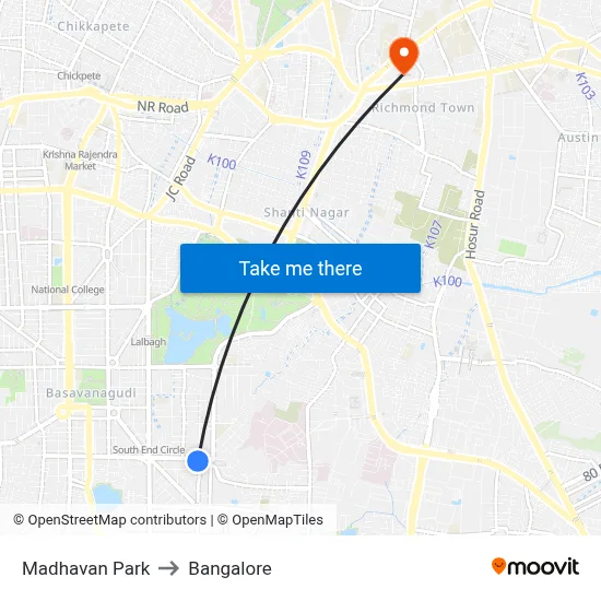 Madhavan Park to Bangalore map