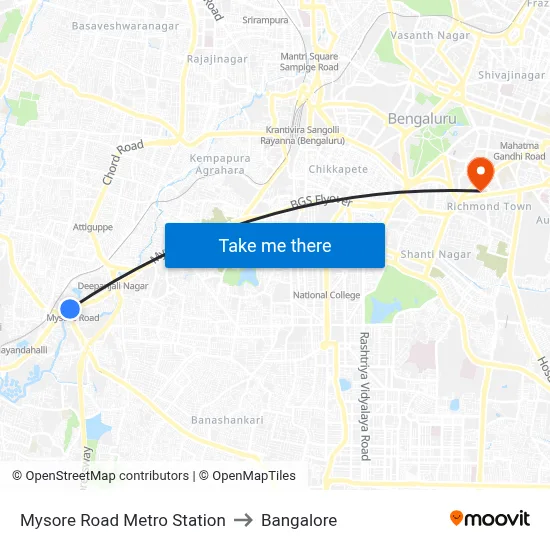 Mysore Road Metro Station to Bangalore map