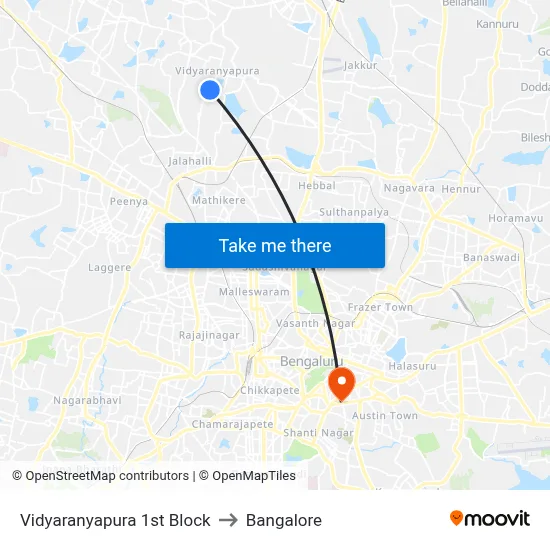 Vidyaranyapura 1st Block to Bangalore map