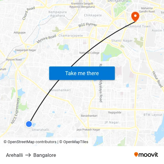 Arehalli to Bangalore map