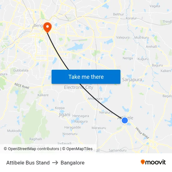 Attibele Bus Stand to Bangalore map