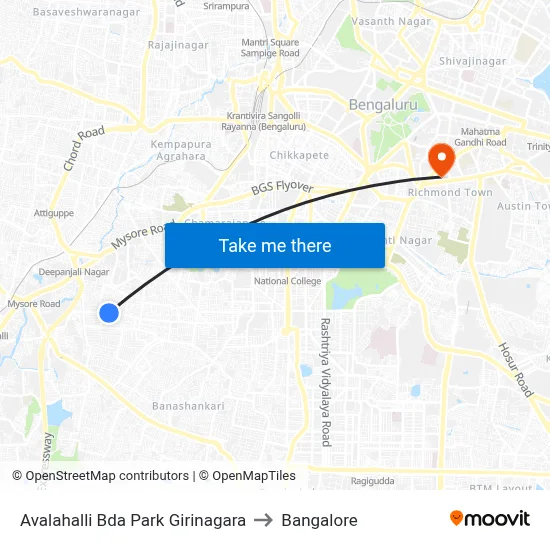 Avalahalli Bda Park Girinagara to Bangalore map