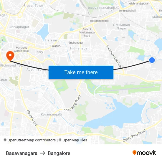 Basavanagara to Bangalore map