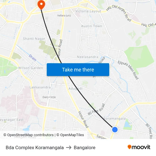 Bda Complex Koramangala to Bangalore map