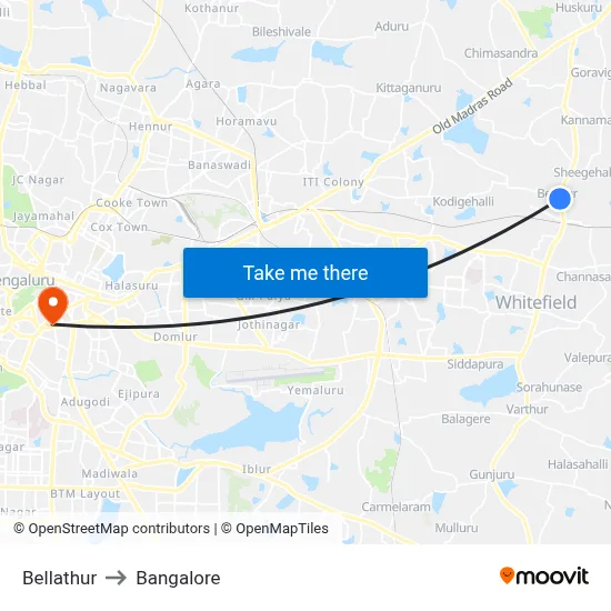 Bellathur to Bangalore map