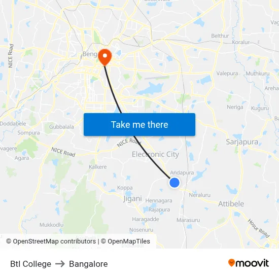Btl College to Bangalore map