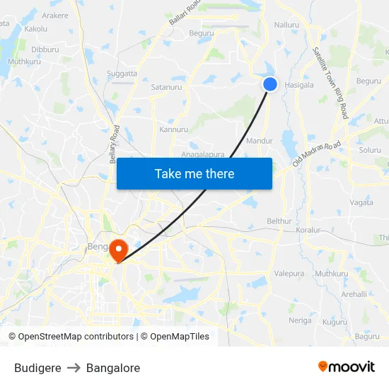 Budigere to Bangalore map