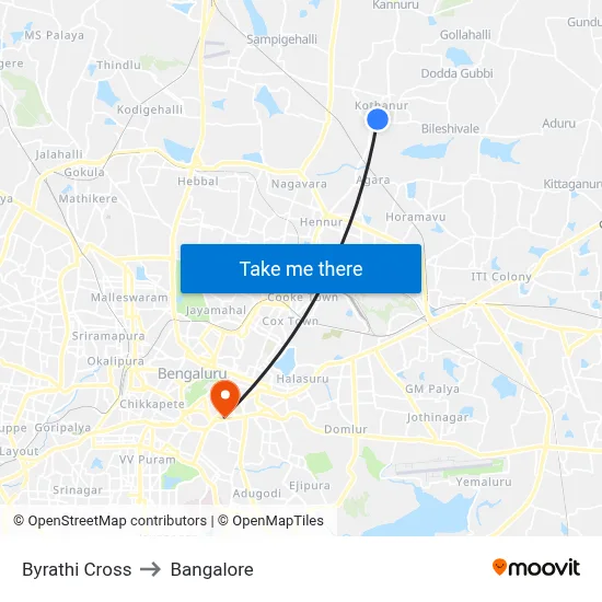 Byrathi Cross to Bangalore map