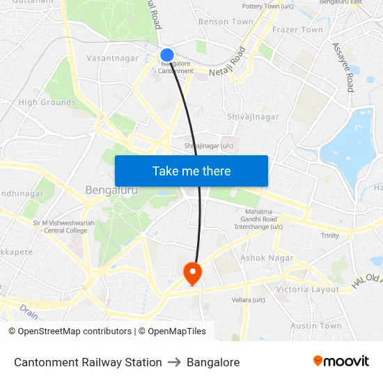 Cantonment Railway Station to Bangalore map