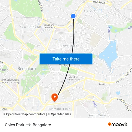 Coles Park to Bangalore map