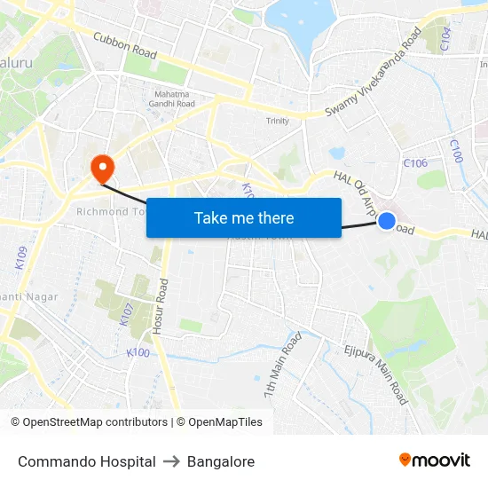 Commando Hospital to Bangalore map