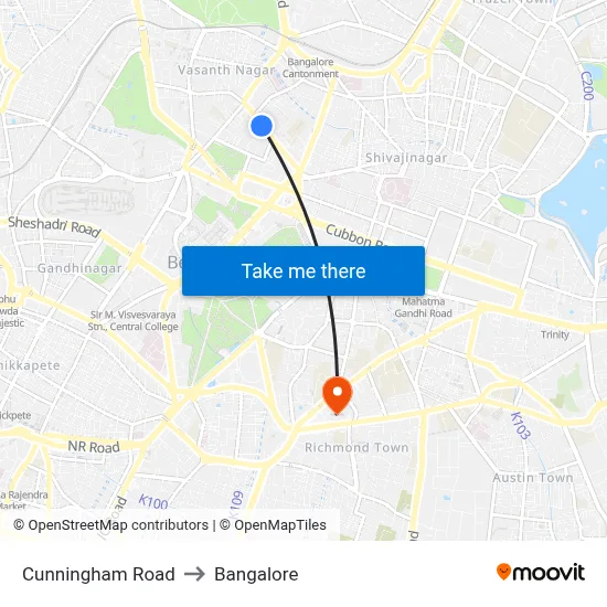 Cunningham Road to Bangalore map
