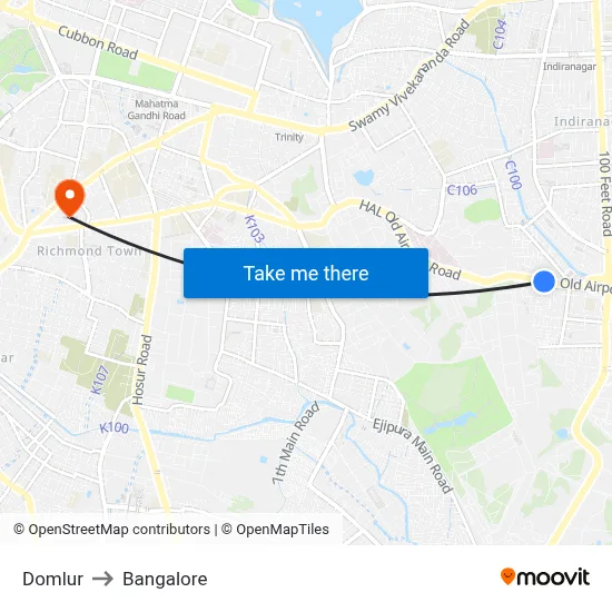 Domlur to Bangalore map