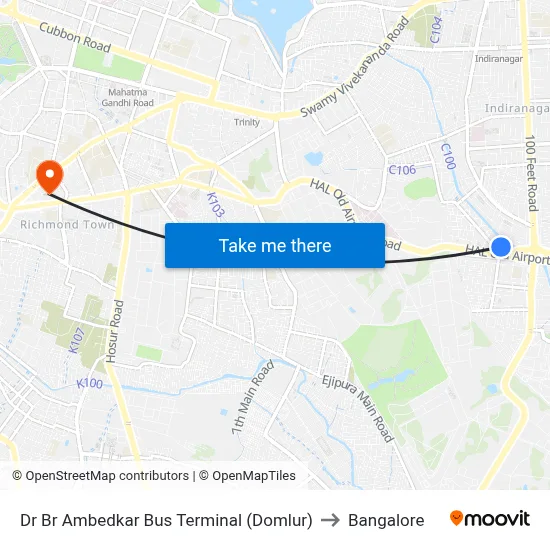 Dr Br Ambedkar Bus Terminal (Domlur) to Bangalore map