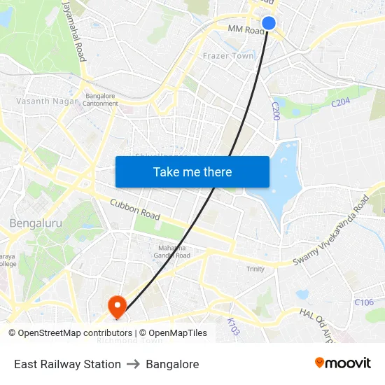 East Railway Station to Bangalore map