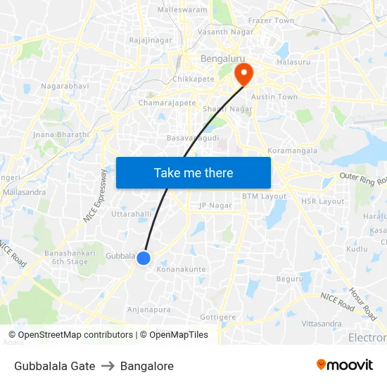 Gubbalala Gate to Bangalore map