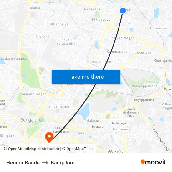 Hennur Bande to Bangalore map