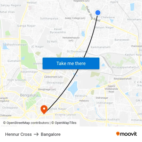 Hennur Cross to Bangalore map