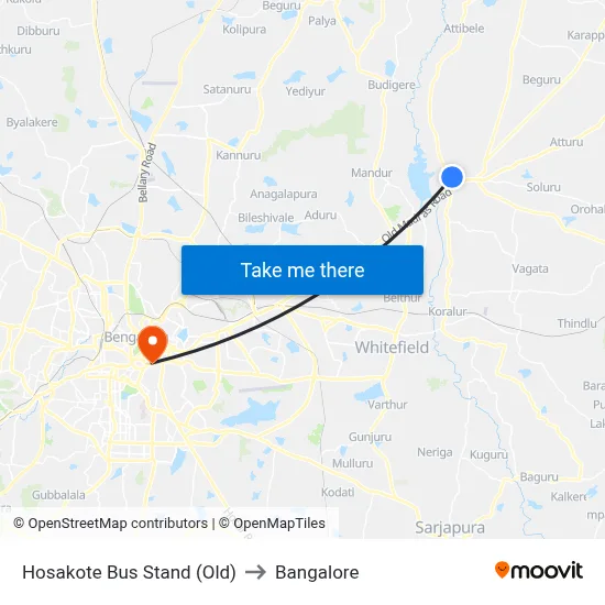 Hosakote Bus Stand (Old) to Bangalore map