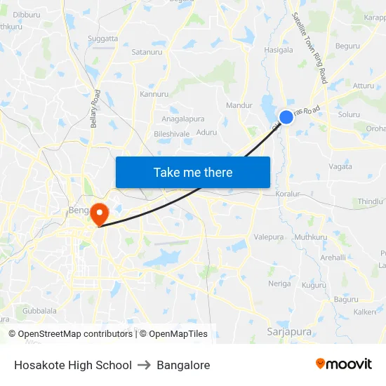Hosakote High School to Bangalore map