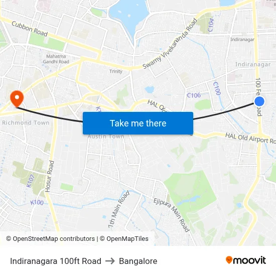 Indiranagara 100ft Road to Bangalore map
