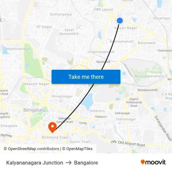 Kalyananagara Junction to Bangalore map