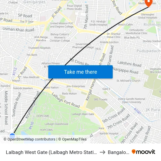 Lalbagh West Gate (Lalbagh Metro Station) to Bangalore map
