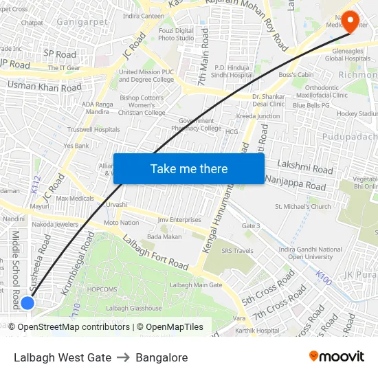 Lalbagh West Gate to Bangalore map