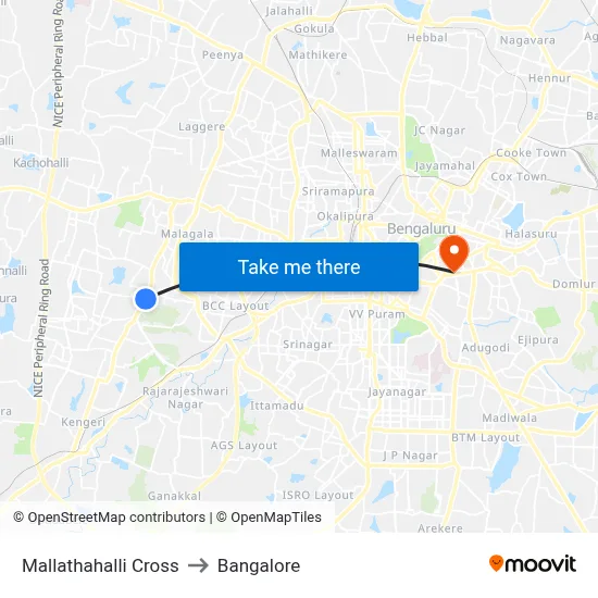 Mallathahalli Cross to Bangalore map
