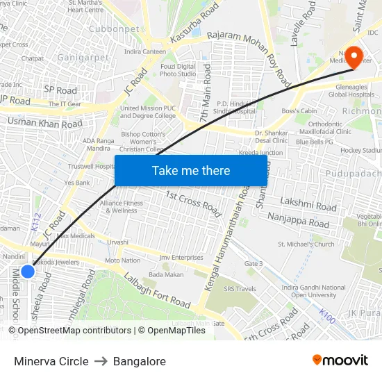 Minerva Circle to Bangalore map