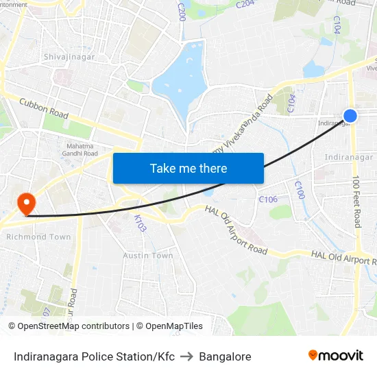 Indiranagara Police Station/Kfc to Bangalore map